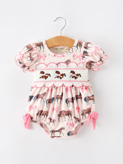Western Horse Smocked Girls Romper Bow Ruffle Short Sleeve