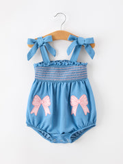 Summer Bow Baby Romper Smocked Strap Bubble Bow Applique