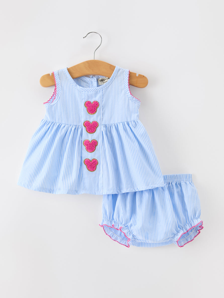 Blue Striped Girls Top Bloomer Set Chenille Patch Ruffle