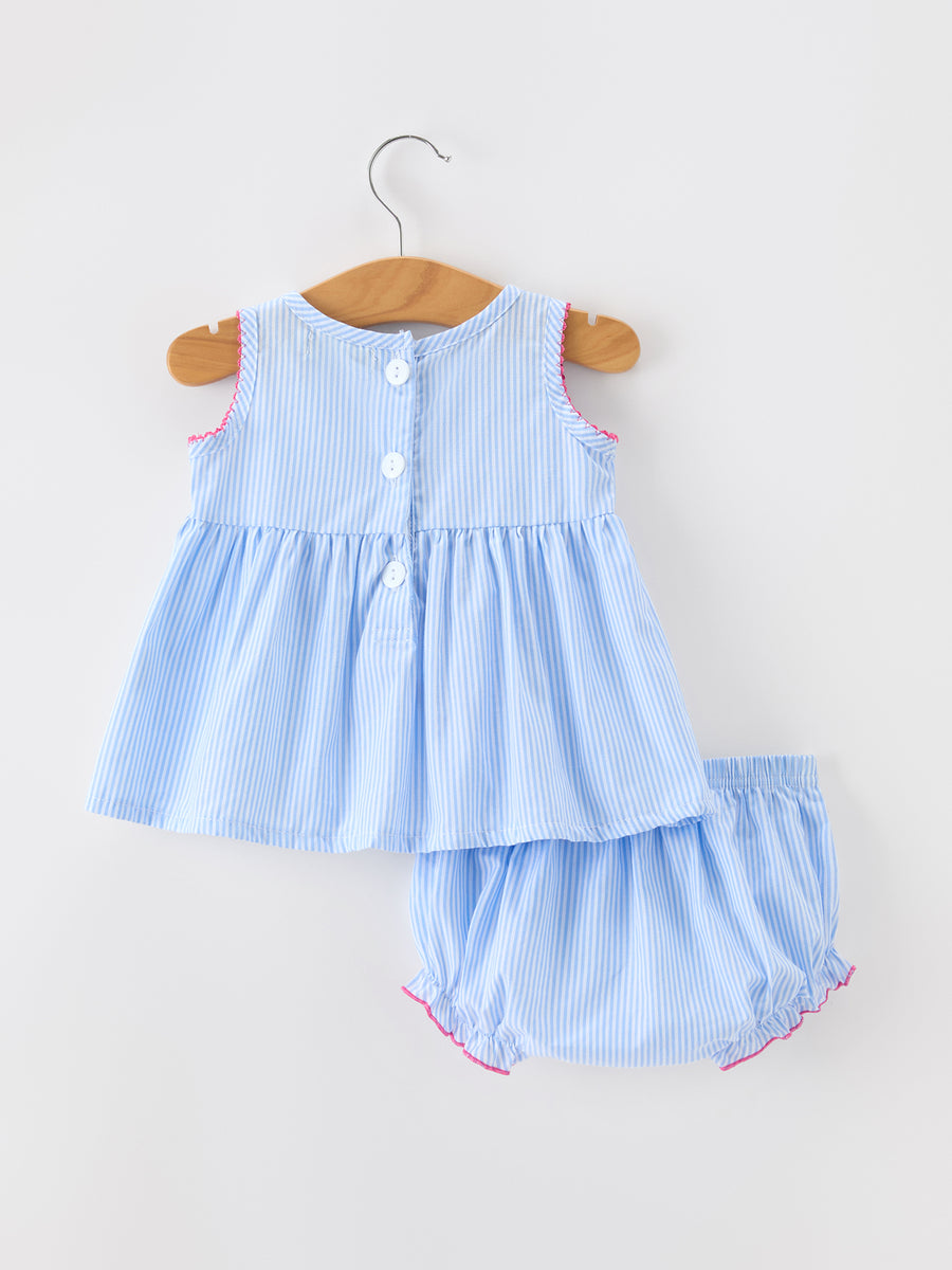 Blue Striped Girls Top Bloomer Set Chenille Patch Ruffle