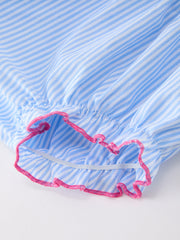 Blue Striped Girls Top Bloomer Set Chenille Patch Ruffle