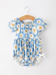 Summer Daisy Print Girls Romper Bow Ruffle