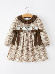 Duck Smocked Camo Girl Dress Bow Detail