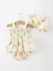 Muslin Summer Floral Print Smocked Baby Girl Romper Set Hat