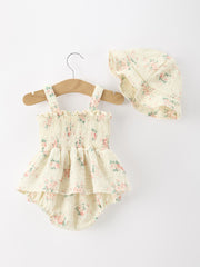 Muslin Summer Floral Print Smocked Baby Girl Romper Set Hat