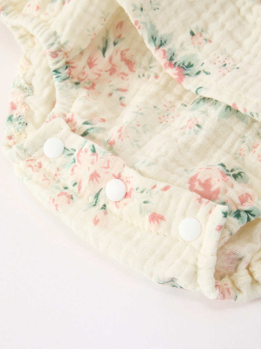 Muslin Summer Floral Print Smocked Baby Girl Romper Set Hat