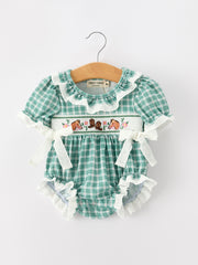 Western Plaid Horse Embroidered Girl Bubble Romper