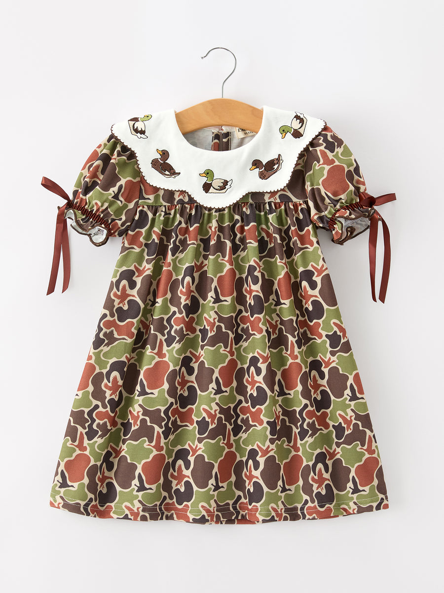 Duck Camo Embroidered Duck Girl Dress Short Sleeves