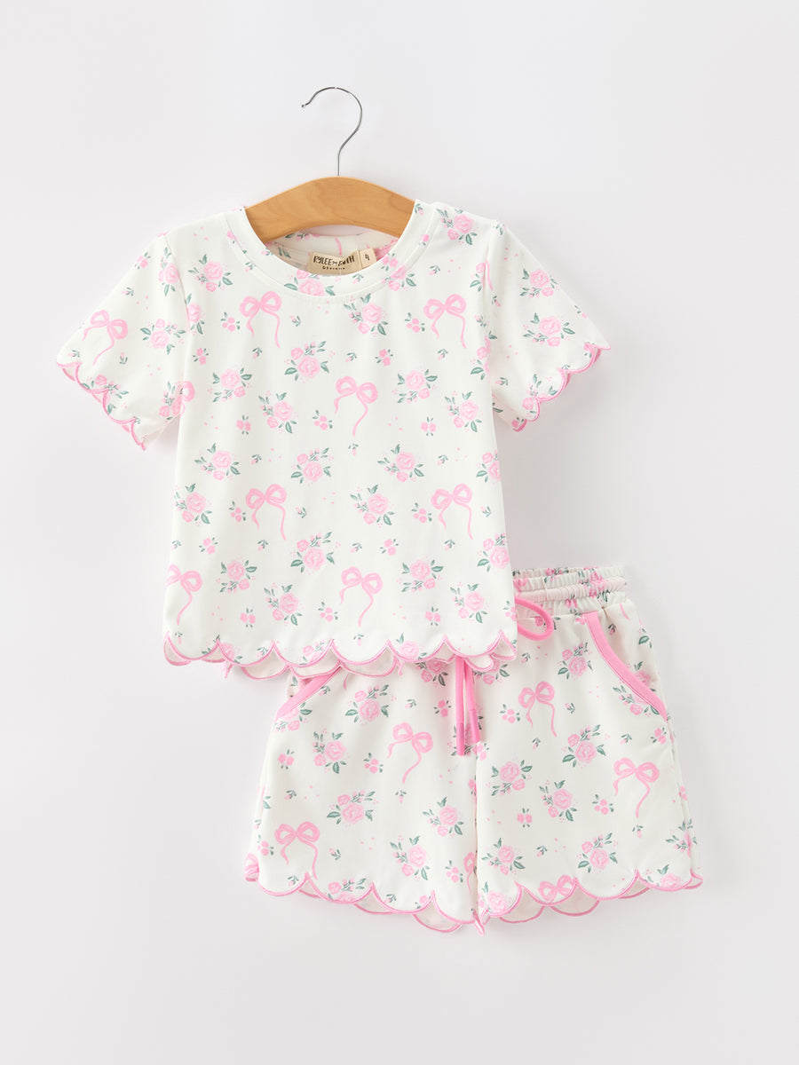 Rose Bow Girl Short Set Scallop Hem