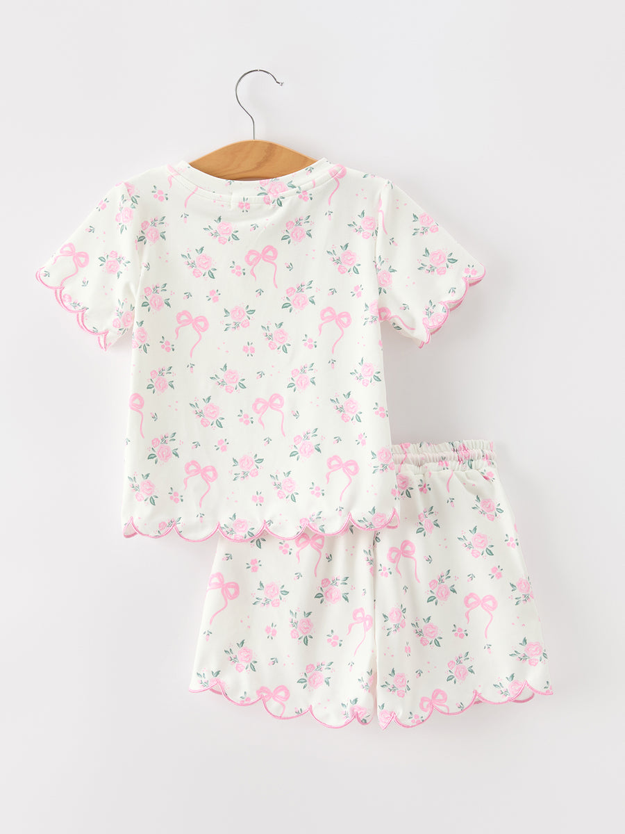 Rose Bow Girl Short Set Scallop Hem