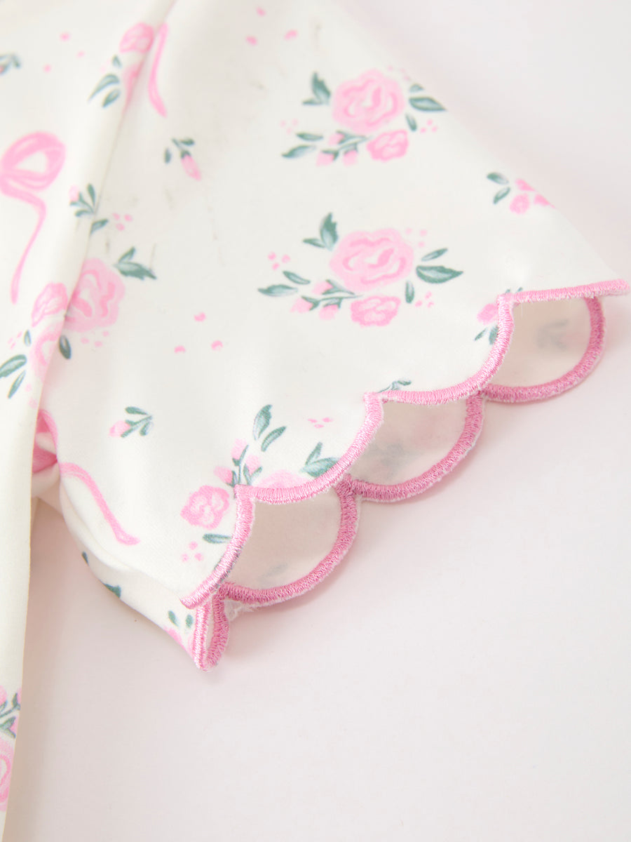 Rose Bow Girl Short Set Scallop Hem