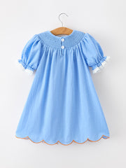 Blue Fall Thanksgiving&Halloween Pumpkin Smock Embroidery Lace Baby Girl Dress