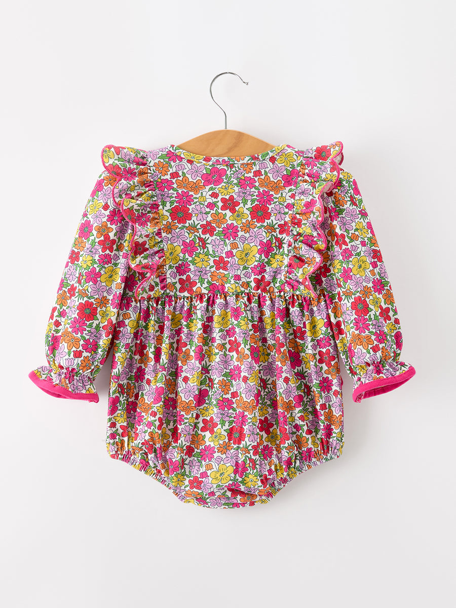 Hot Pink Bow Floral Girl Bubble Romper