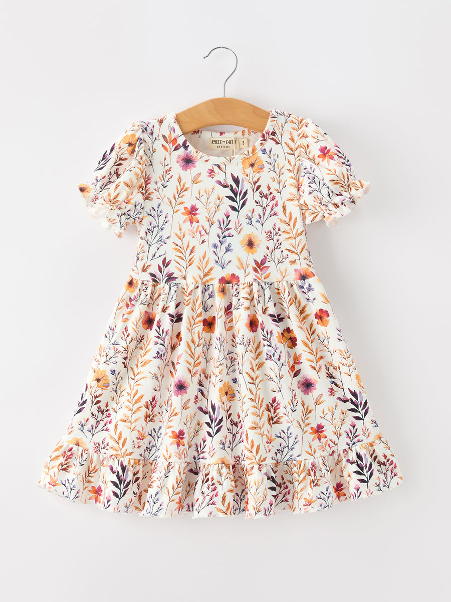 Fall Floral Puff Sleeve Ruffle Girls Dress