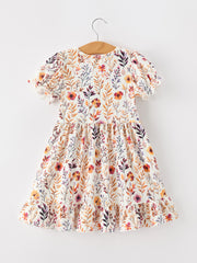 Fall Floral Puff Sleeve Ruffle Girls Dress