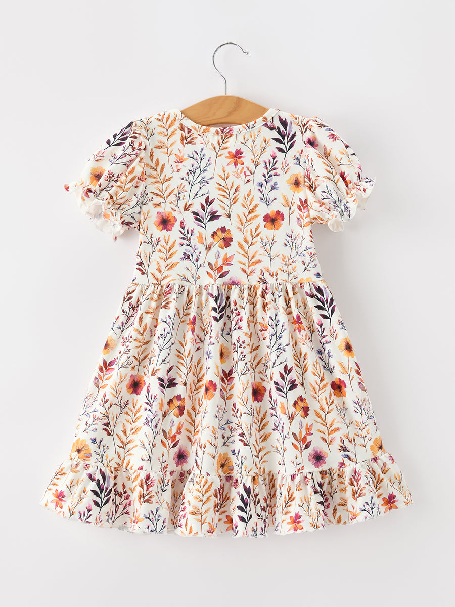 Fall Floral Puff Sleeve Ruffle Girls Dress