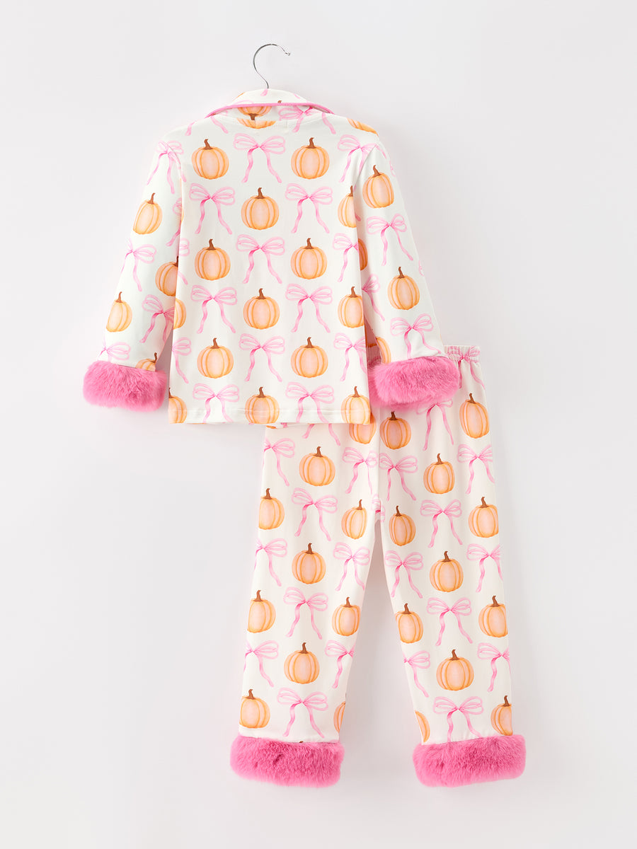 Halloween Thanksgiving Pumpkin Bow Fur Pajama Set