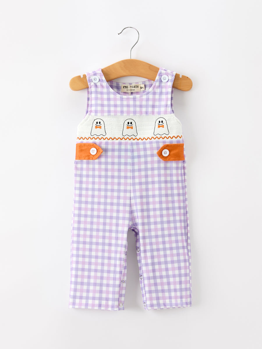 Halloween Ghost Plaid Smocked Baby Boy Romper