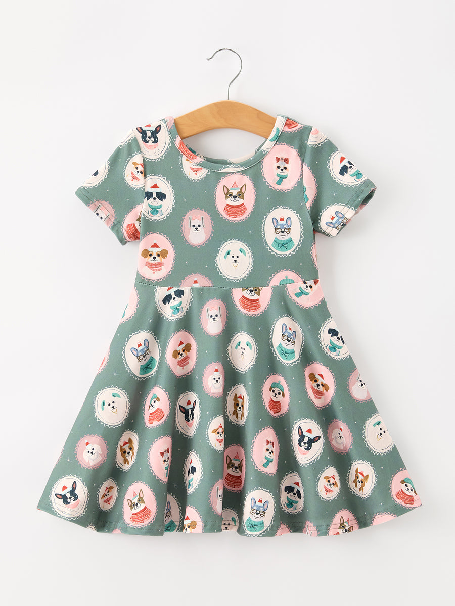 Animal Face Twirl Girls Dress Short Sleeves