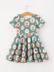 Animal Face Twirl Girls Dress Short Sleeves