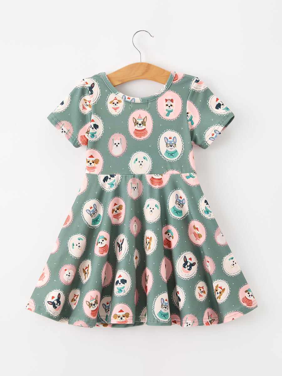 Animal Face Twirl Girls Dress Short Sleeves
