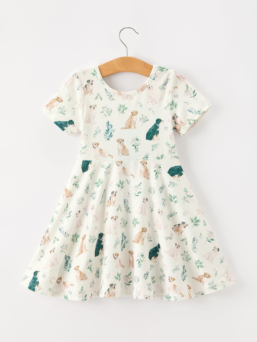 Neutral Puppy Floral Twirl Girls Dress