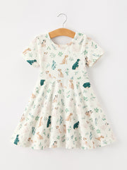 Neutral Puppy Floral Twirl Girls Dress