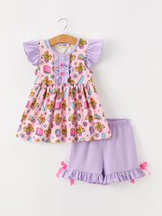 Back To School Crayon Bow Girls Ruffle Shorts Set