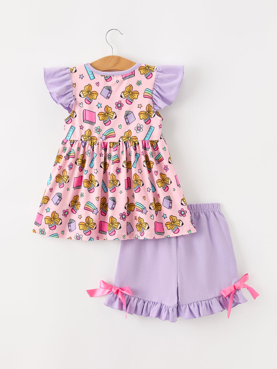 Back To School Crayon Bow Girls Ruffle Shorts Set