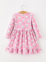 Fall Cat Print Girls Ruffle Hem Twirl Dress
