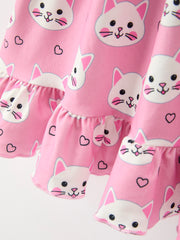 Fall Cat Print Girls Ruffle Hem Twirl Dress