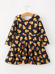Halloween Candy Corn Girls Long Sleeve Twirl Dress