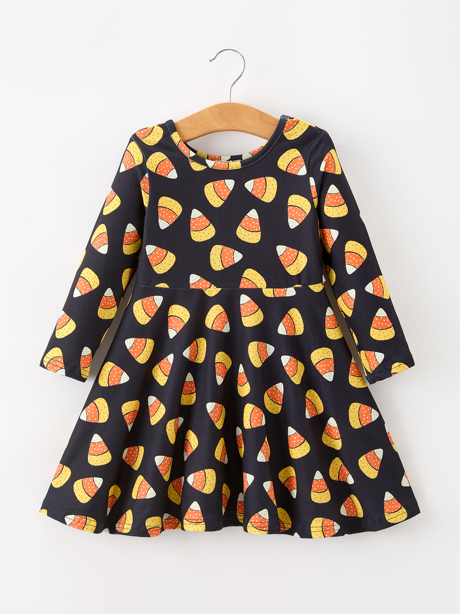 Halloween Candy Corn Girls Long Sleeve Twirl Dress