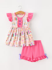 Back To School Crayon Bow Girls Flutter Sleeve Shorts Set
