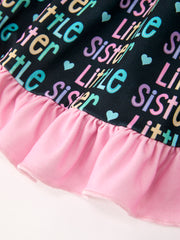 Little Sister Rainbow Letter Print Girls Ruffle Hem Dress