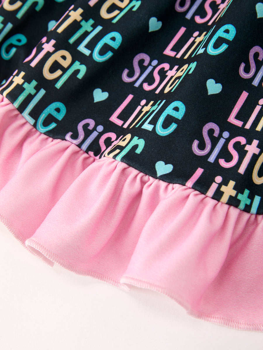 Little Sister Rainbow Letter Print Girls Ruffle Hem Dress