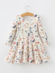 Fall Dog Print Girls Long Sleeve Twirl Dress