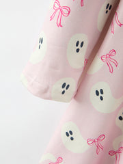 Halloween Ghost Bow Print Girls Long Sleeve Twirl Dress