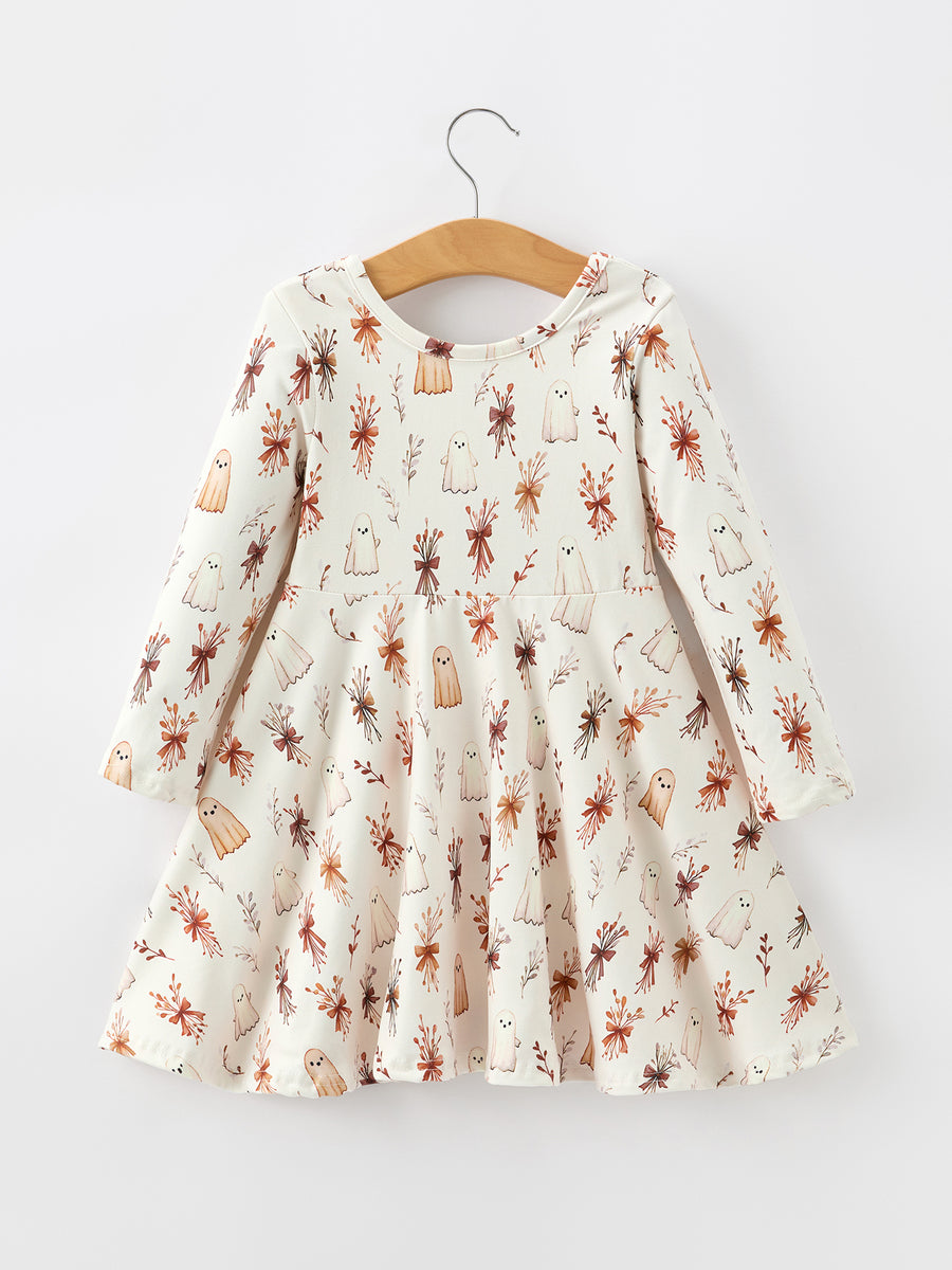 Halloween Ghost Floral Bow Girls Long Sleeve Twirl Dress