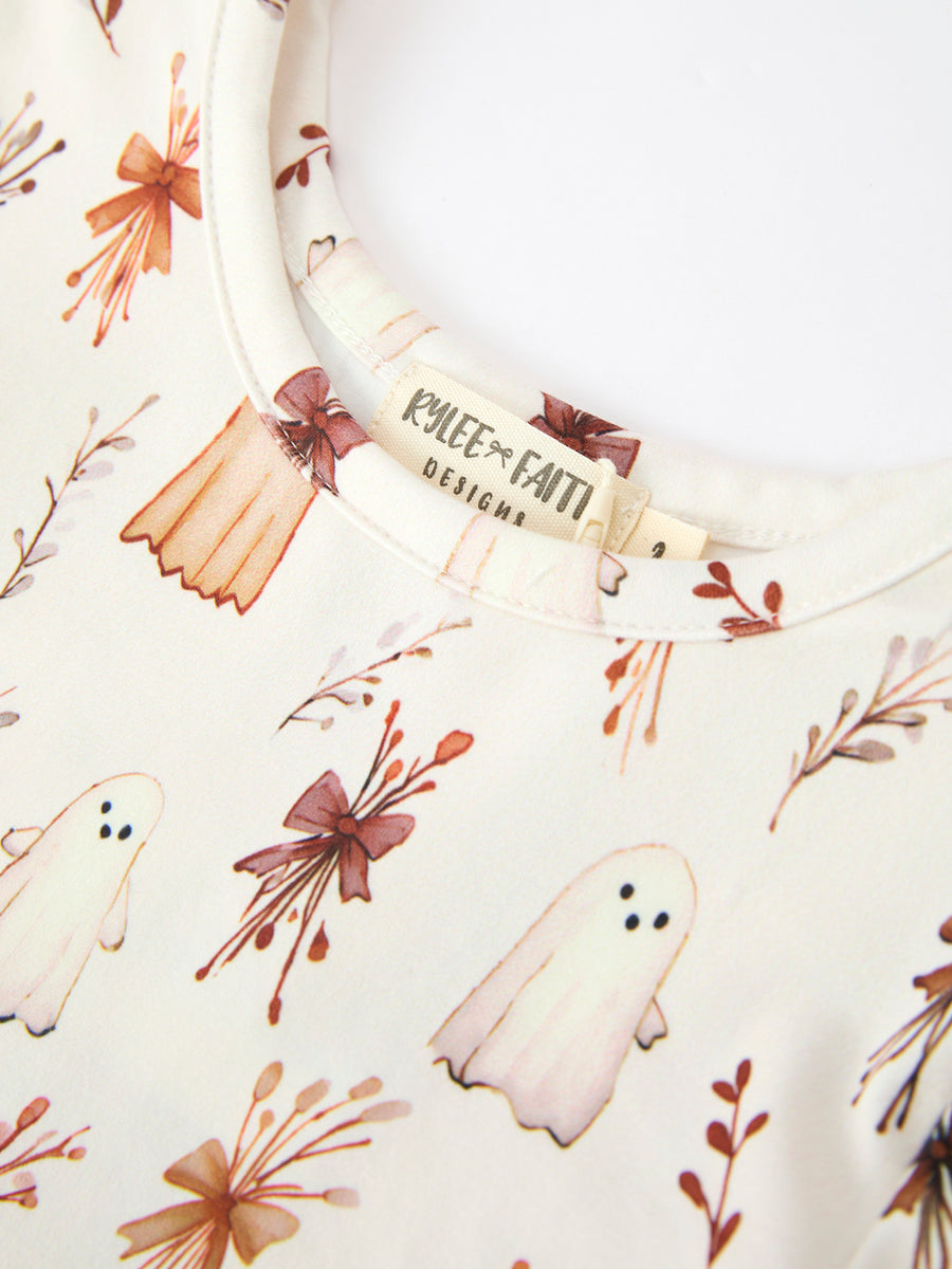 Halloween Ghost Floral Bow Girls Long Sleeve Twirl Dress