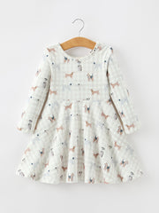 Fall Plaid Dog Print Girls Long Sleeve Twirl Dress