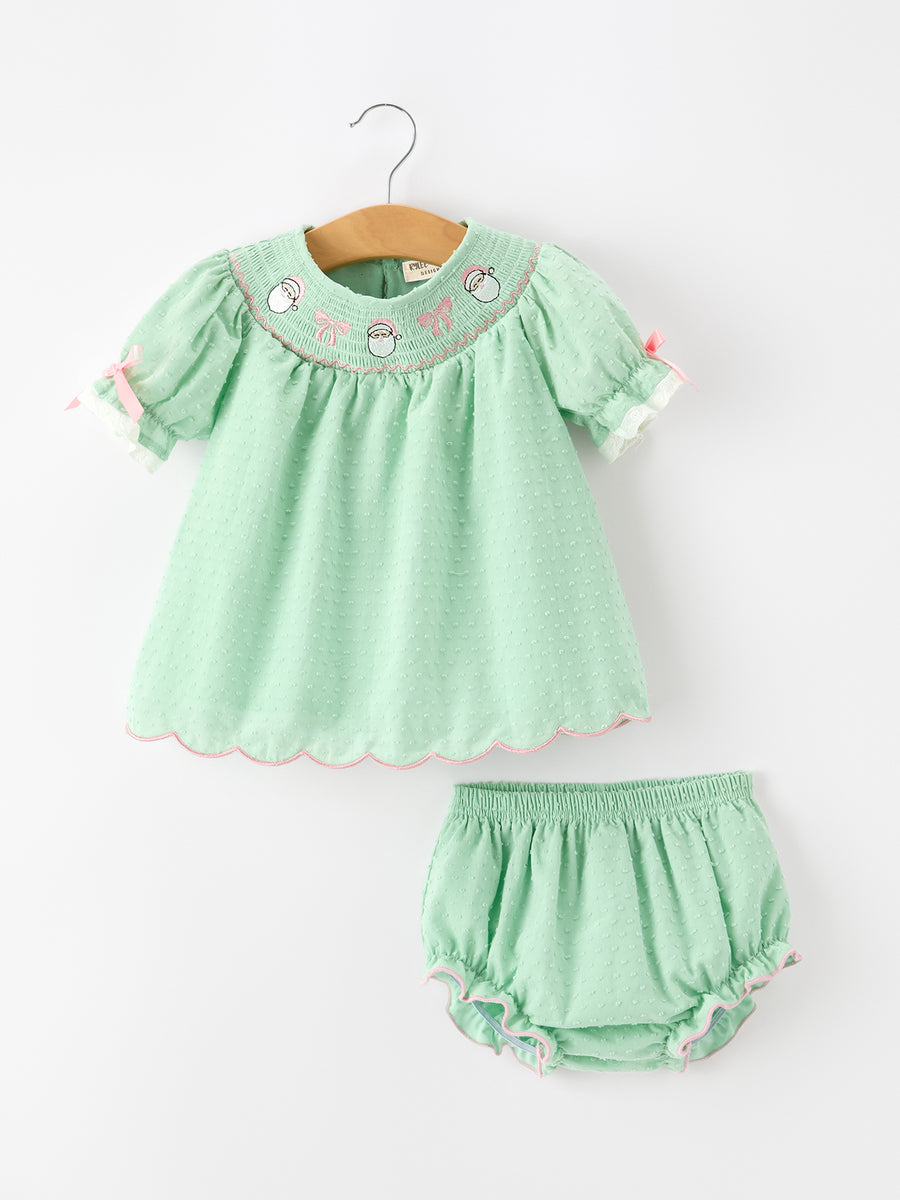 Christmas Mint Green Smocked Santa Baby Girl Bloomer Set