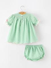Christmas Mint Green Smocked Santa Baby Girl Bloomer Set