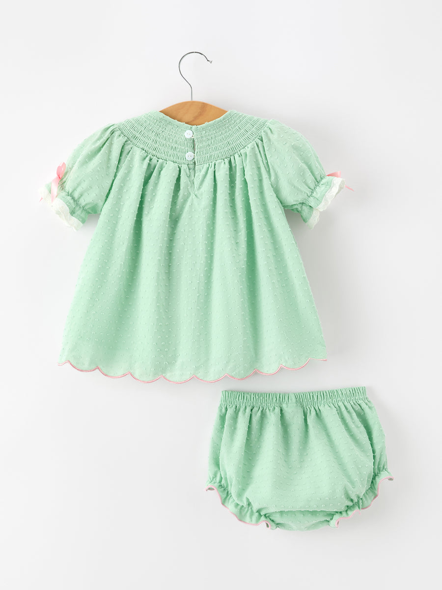 Christmas Mint Green Smocked Santa Baby Girl Bloomer Set
