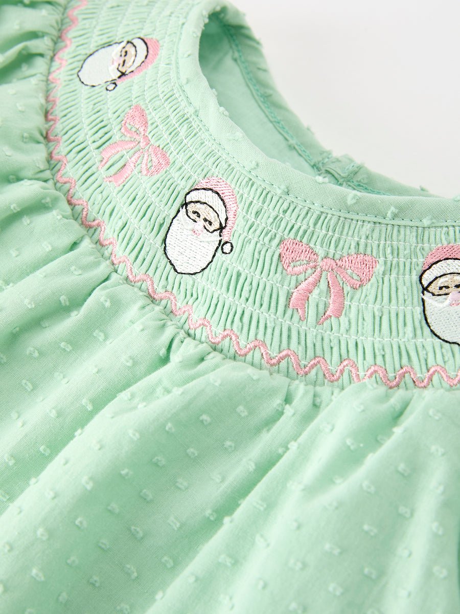 Christmas Mint Green Smocked Santa Baby Girl Bloomer Set