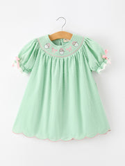 Christmas Mint Green Smocked Santa Girls Puff Sleeve Dress