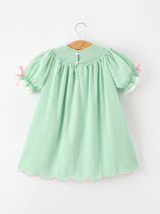 Christmas Mint Green Smocked Santa Girls Puff Sleeve Dress