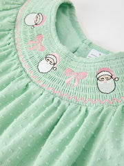 Christmas Mint Green Smocked Santa Girls Puff Sleeve Dress