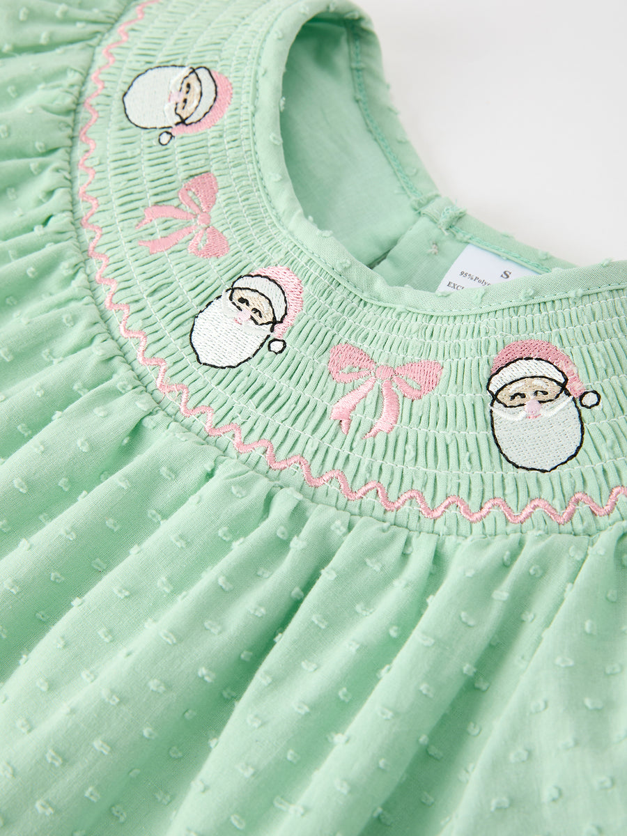 Christmas Mint Green Smocked Santa Girls Puff Sleeve Dress