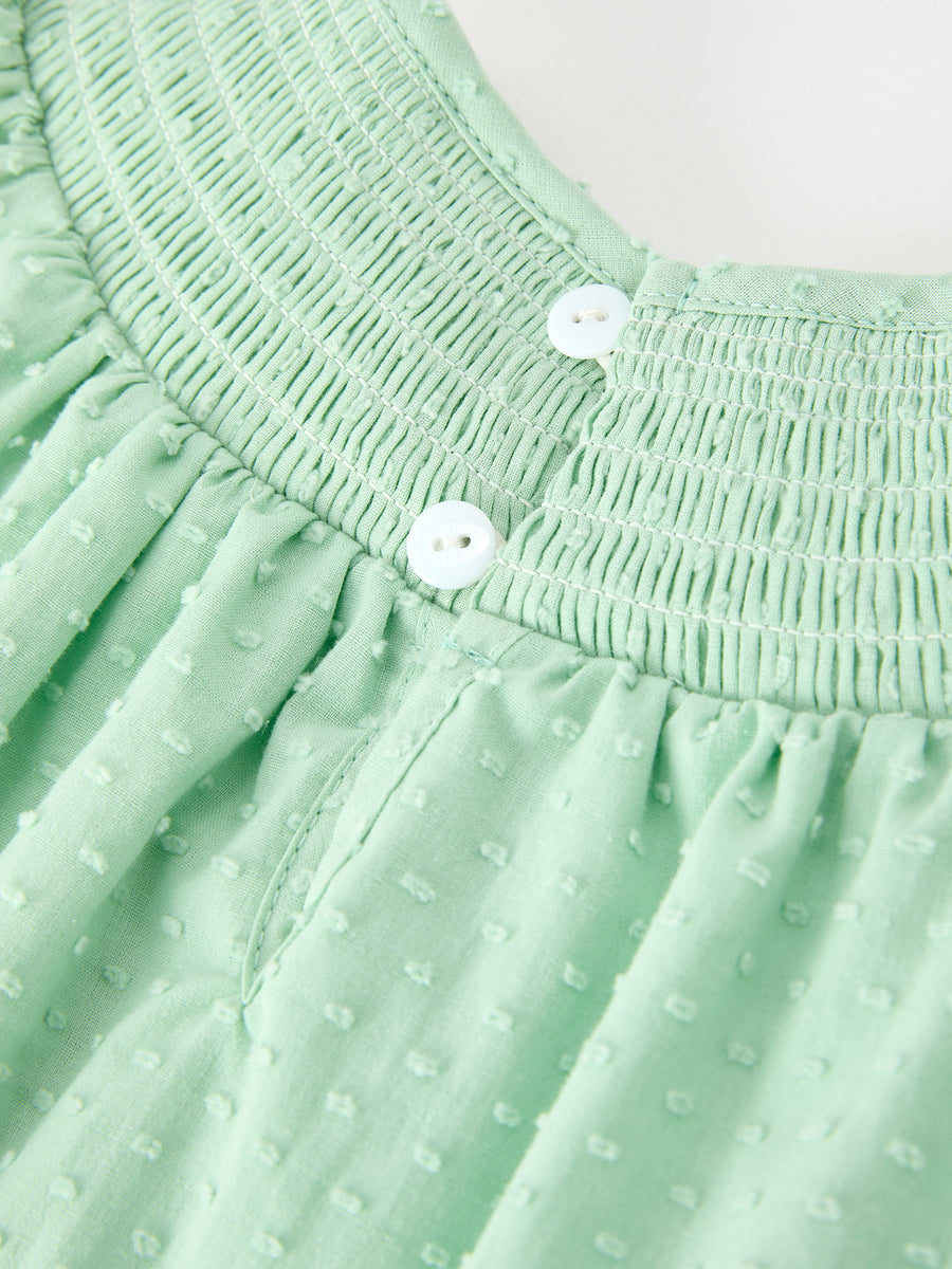 Christmas Mint Green Smocked Santa Girls Puff Sleeve Dress